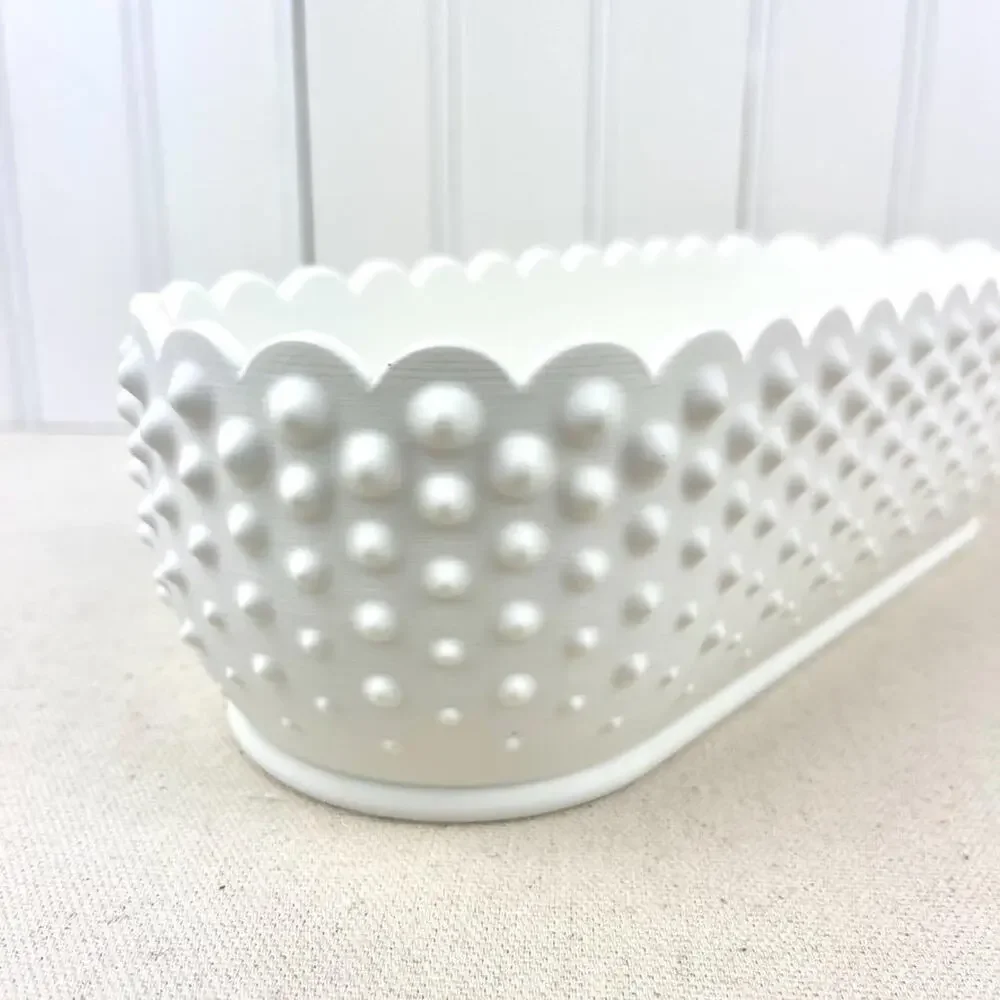 White Hobnail Bowl, Oblong Bowl, Decorative Bowl with Scalloped Edge